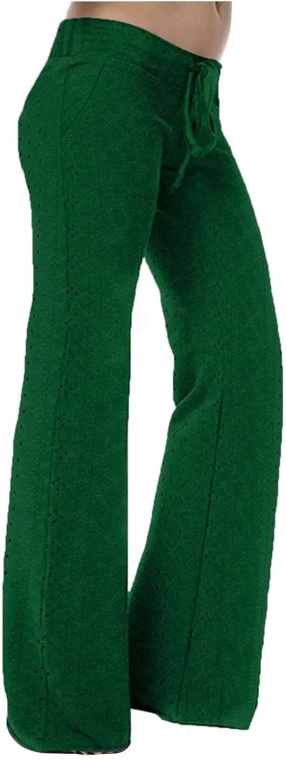 Women Straight Leg Pants Breathable Hollow Out Eyelets Wide Leg Pants Drawstring High Waist Pant Casual Yoga Trousers