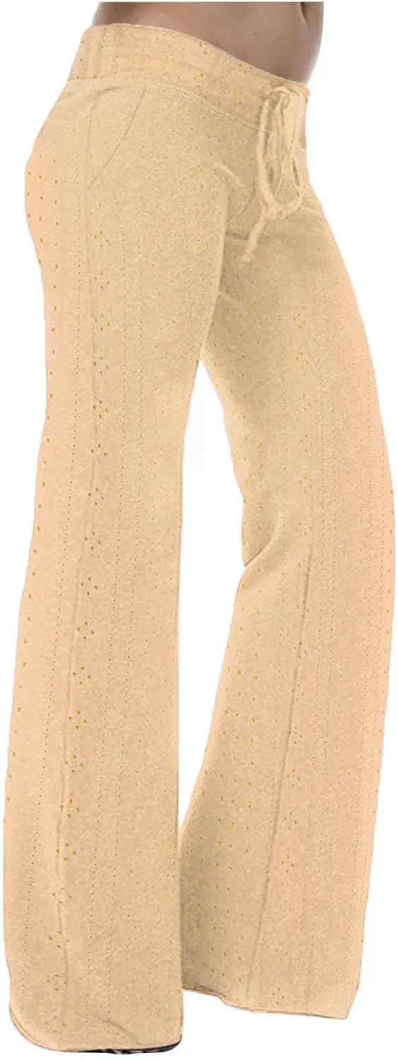 Women Straight Leg Pants Breathable Hollow Out Eyelets Wide Leg Pants Drawstring High Waist Pant Casual Yoga Trousers