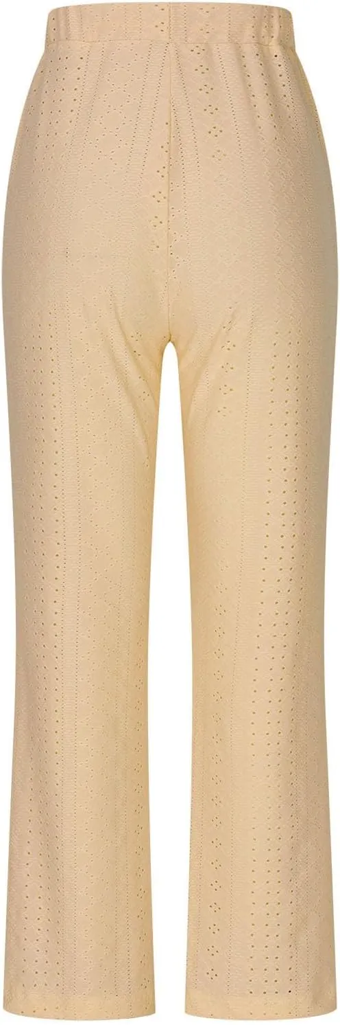 Women Straight Leg Pants Breathable Hollow Out Eyelets Wide Leg Pants Drawstring High Waist Pant Casual Yoga Trousers
