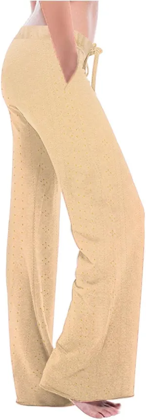 Women Straight Leg Pants Breathable Hollow Out Eyelets Wide Leg Pants Drawstring High Waist Pant Casual Yoga Trousers