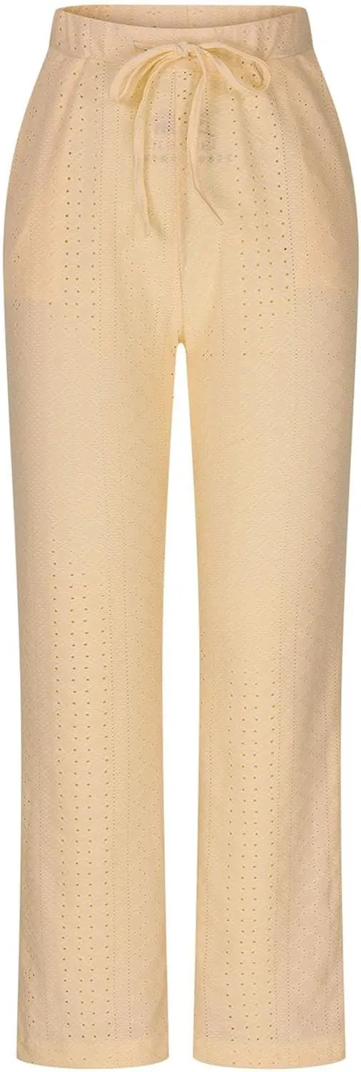 Women Straight Leg Pants Breathable Hollow Out Eyelets Wide Leg Pants Drawstring High Waist Pant Casual Yoga Trousers