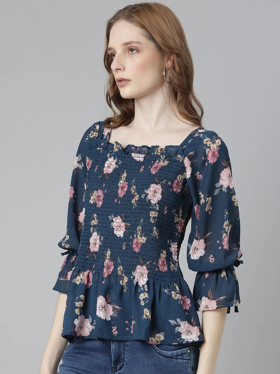 Women Teal Floral Printed Puff Sleeve Peplum Top