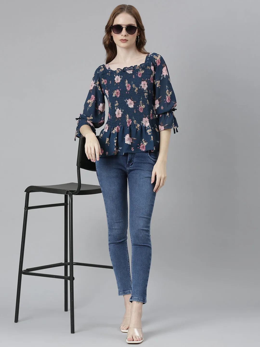 Women Teal Floral Printed Puff Sleeve Peplum Top