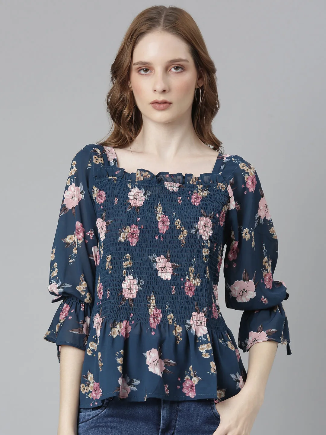 Women Teal Floral Printed Puff Sleeve Peplum Top