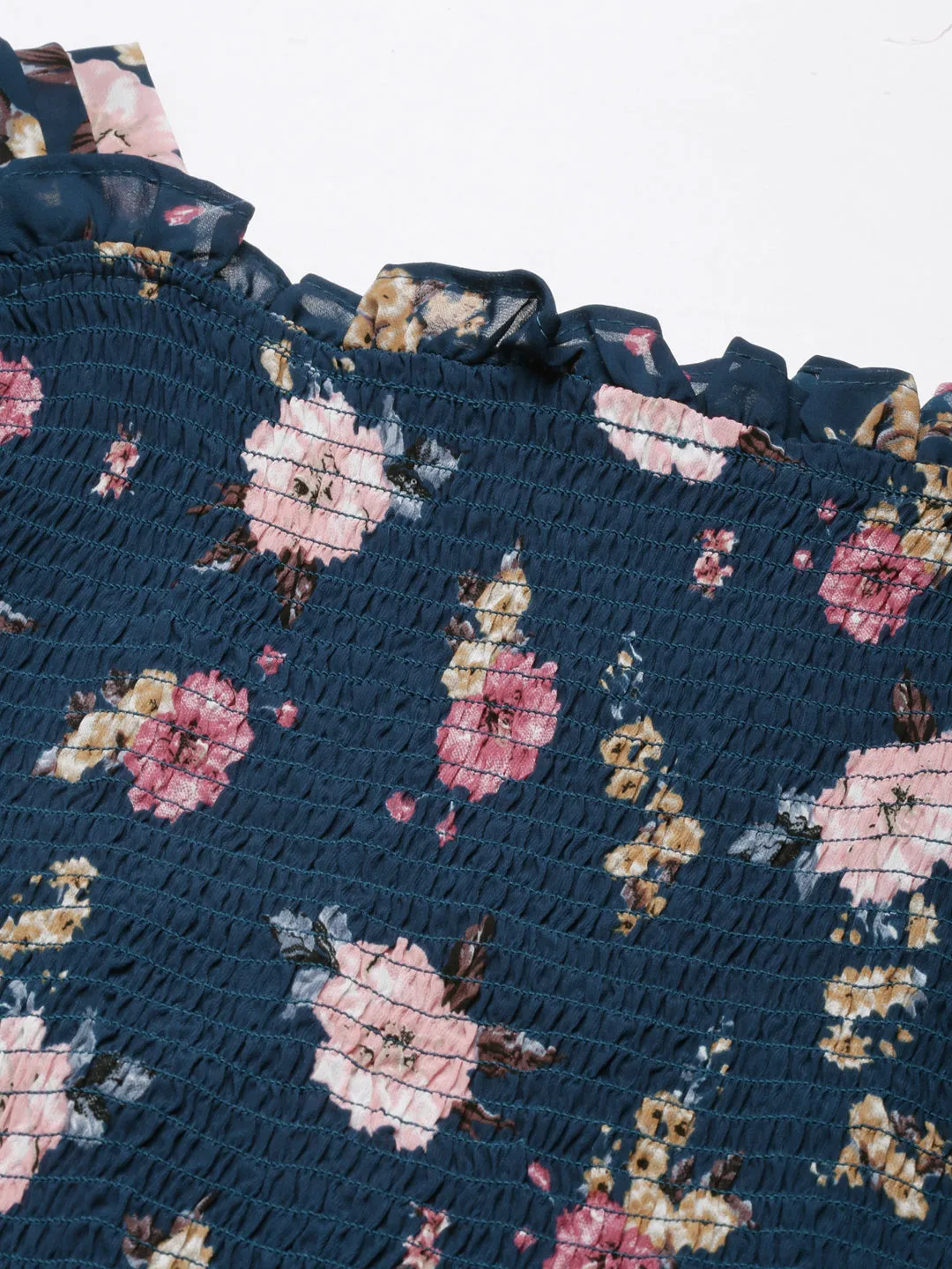 Women Teal Floral Printed Puff Sleeve Peplum Top
