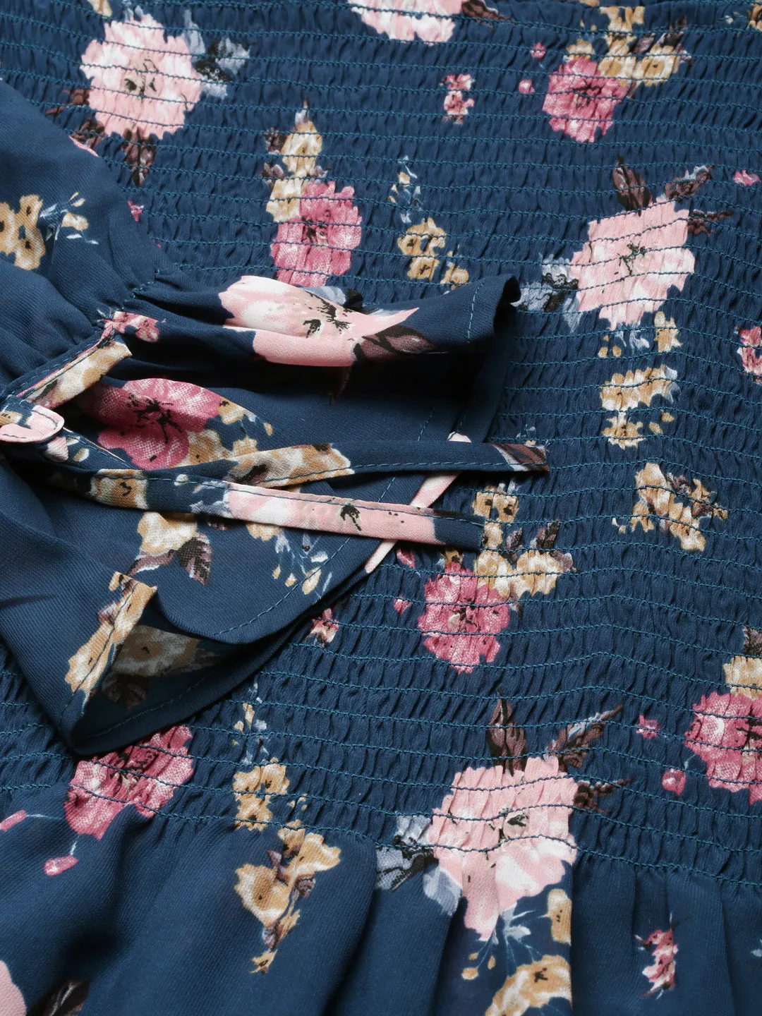 Women Teal Floral Printed Puff Sleeve Peplum Top