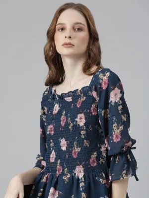 Women Teal Floral Printed Puff Sleeve Peplum Top