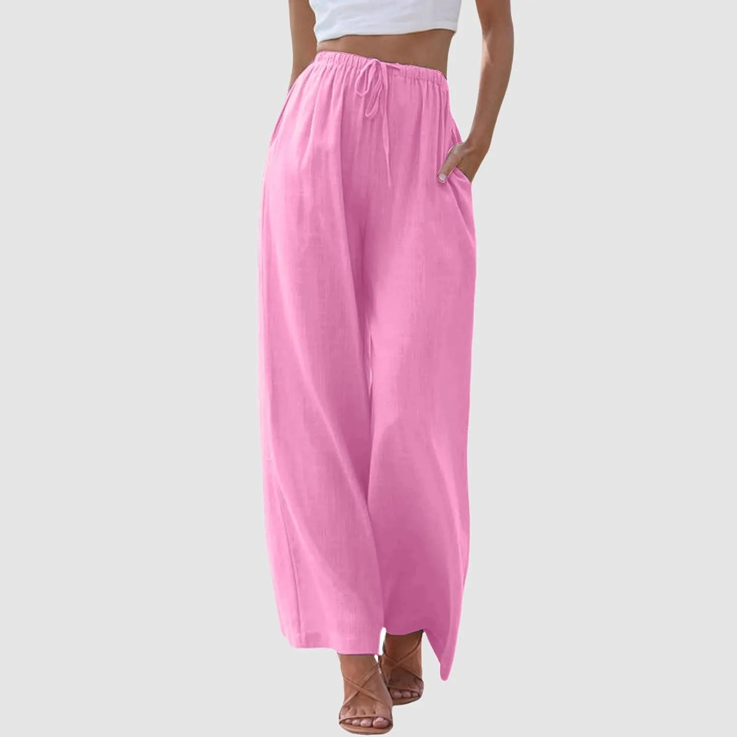 Women's Cotton Linen Summer Breathable Palazzo Lounge Pants High Waist Wide Leg Slim-Fit Trousers Business Work
