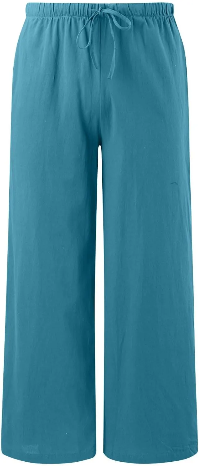 Women's Cotton Linen Summer Breathable Palazzo Lounge Pants High Waist Wide Leg Slim-Fit Trousers Business Work