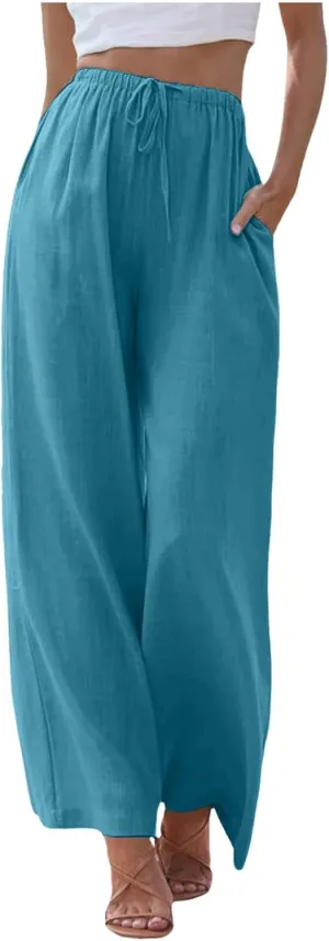 Women's Cotton Linen Summer Breathable Palazzo Lounge Pants High Waist Wide Leg Slim-Fit Trousers Business Work