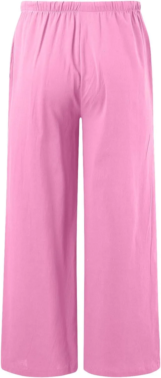 Women's Cotton Linen Summer Breathable Palazzo Lounge Pants High Waist Wide Leg Slim-Fit Trousers Business Work