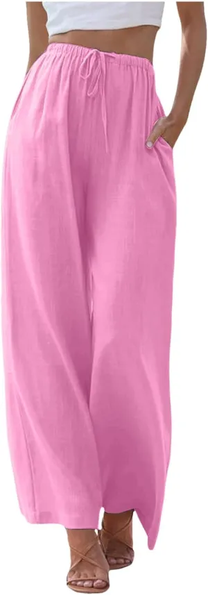 Women's Cotton Linen Summer Breathable Palazzo Lounge Pants High Waist Wide Leg Slim-Fit Trousers Business Work