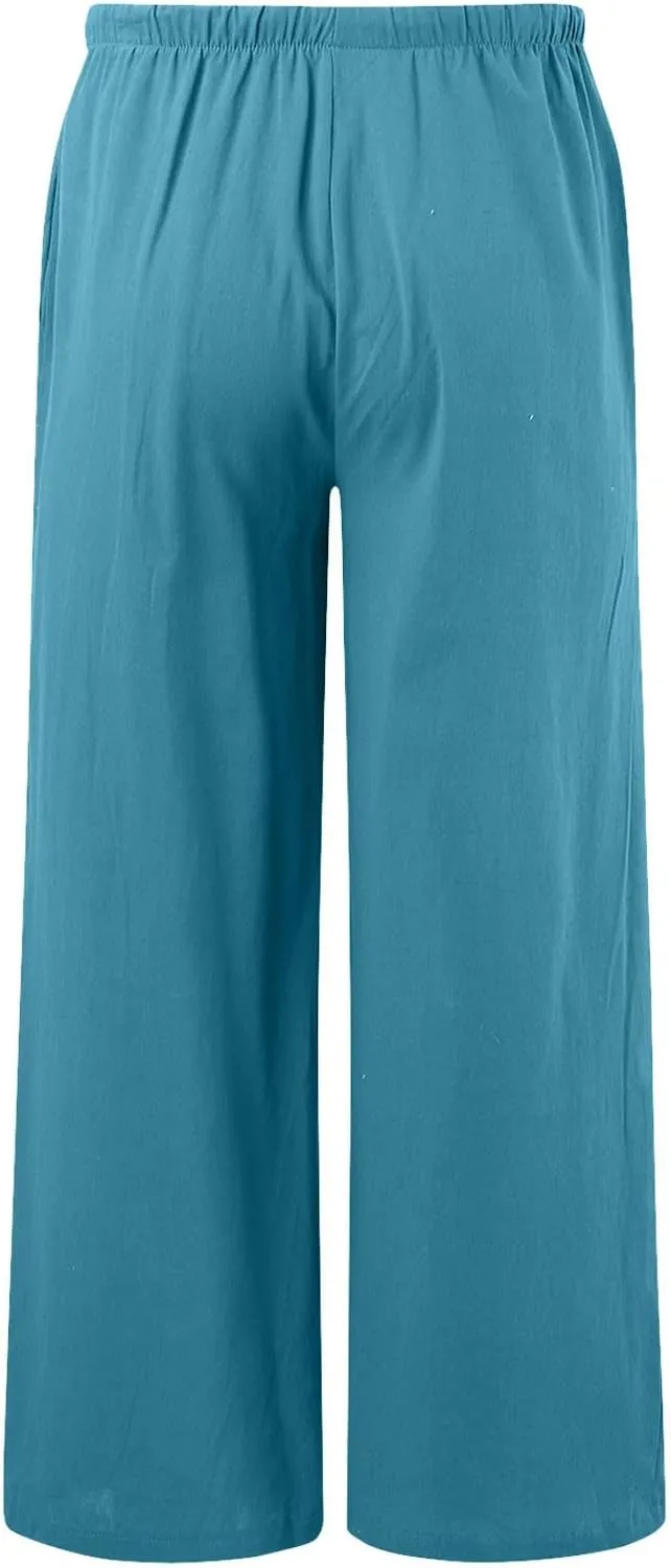 Women's Cotton Linen Summer Breathable Palazzo Lounge Pants High Waist Wide Leg Slim-Fit Trousers Business Work