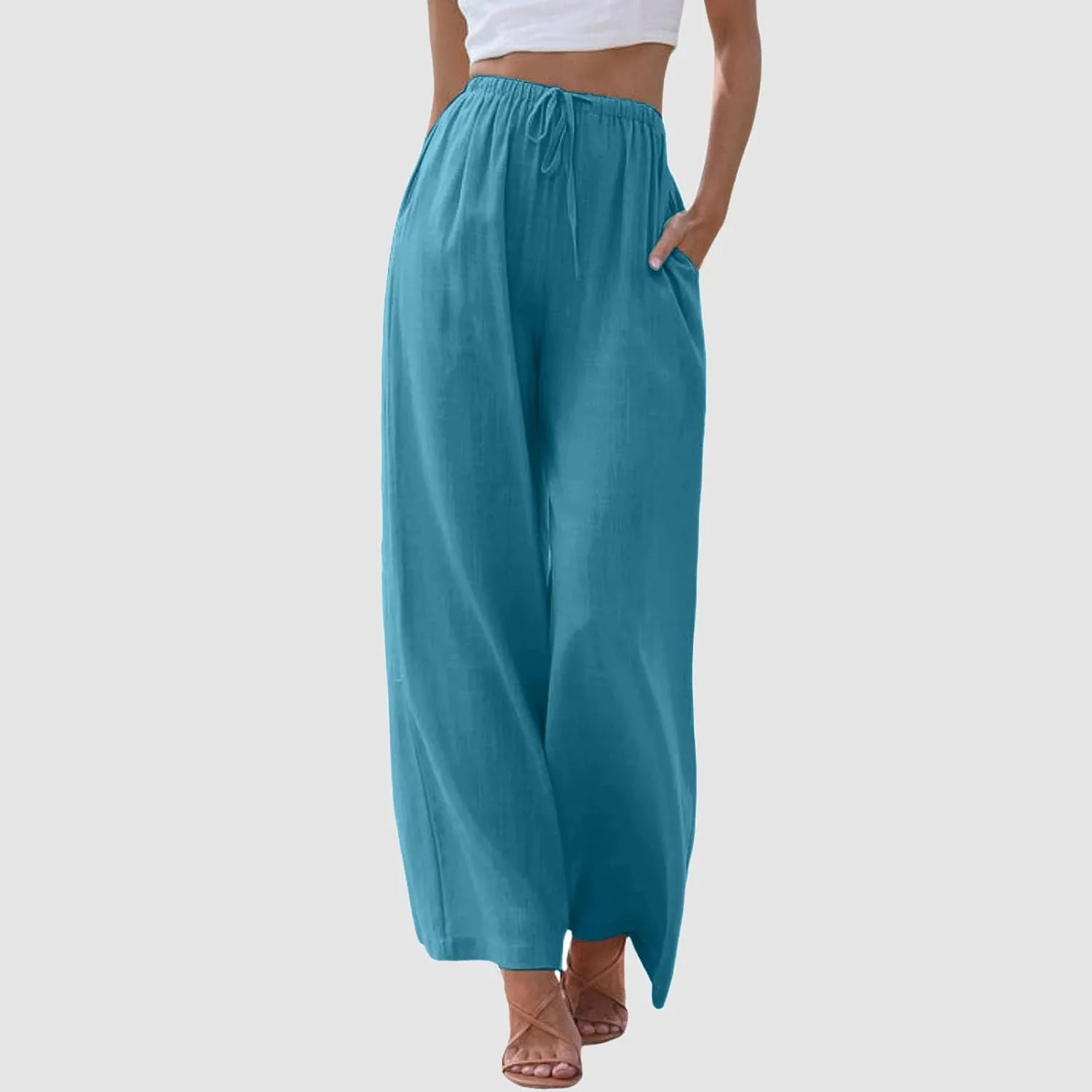 Women's Cotton Linen Summer Breathable Palazzo Lounge Pants High Waist Wide Leg Slim-Fit Trousers Business Work