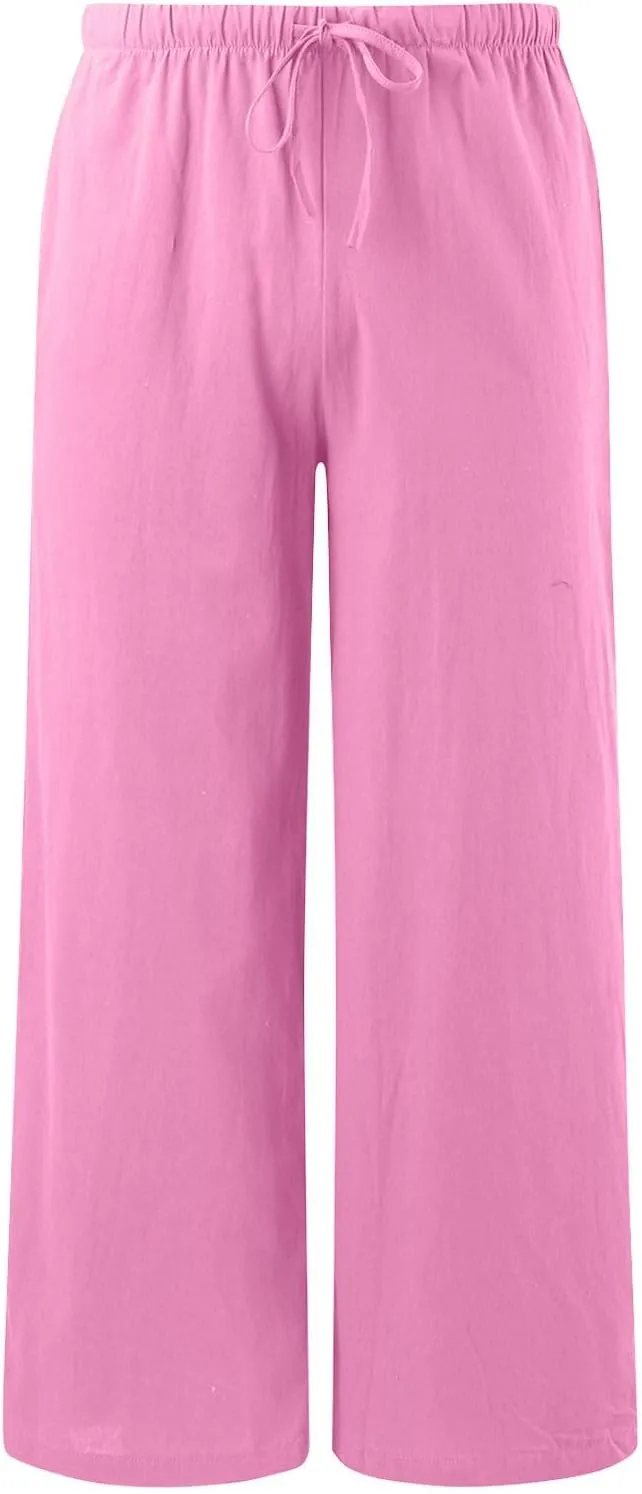 Women's Cotton Linen Summer Breathable Palazzo Lounge Pants High Waist Wide Leg Slim-Fit Trousers Business Work