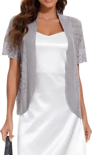 Women's Elegant Short Sleeve Shrug Lightweight Soft Hollow Out Knit Open Front Cardigan