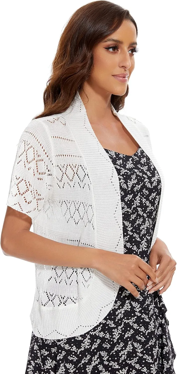 Women's Elegant Short Sleeve Shrug Lightweight Soft Hollow Out Knit Open Front Cardigan