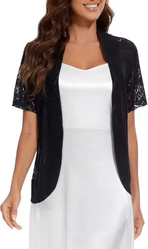 Women's Elegant Short Sleeve Shrug Lightweight Soft Hollow Out Knit Open Front Cardigan
