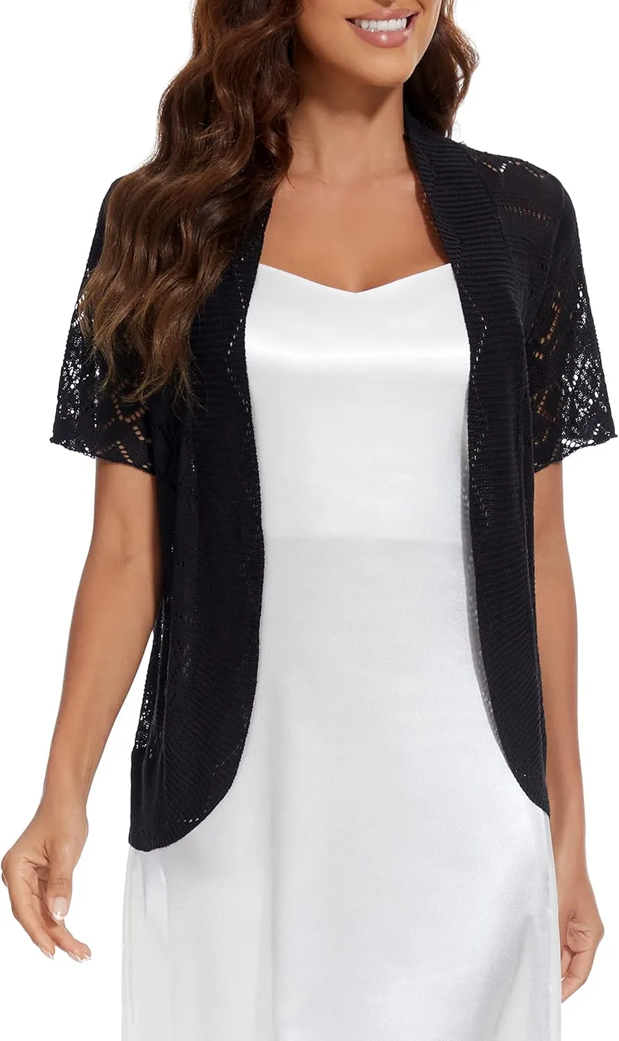 Women's Elegant Short Sleeve Shrug Lightweight Soft Hollow Out Knit Open Front Cardigan