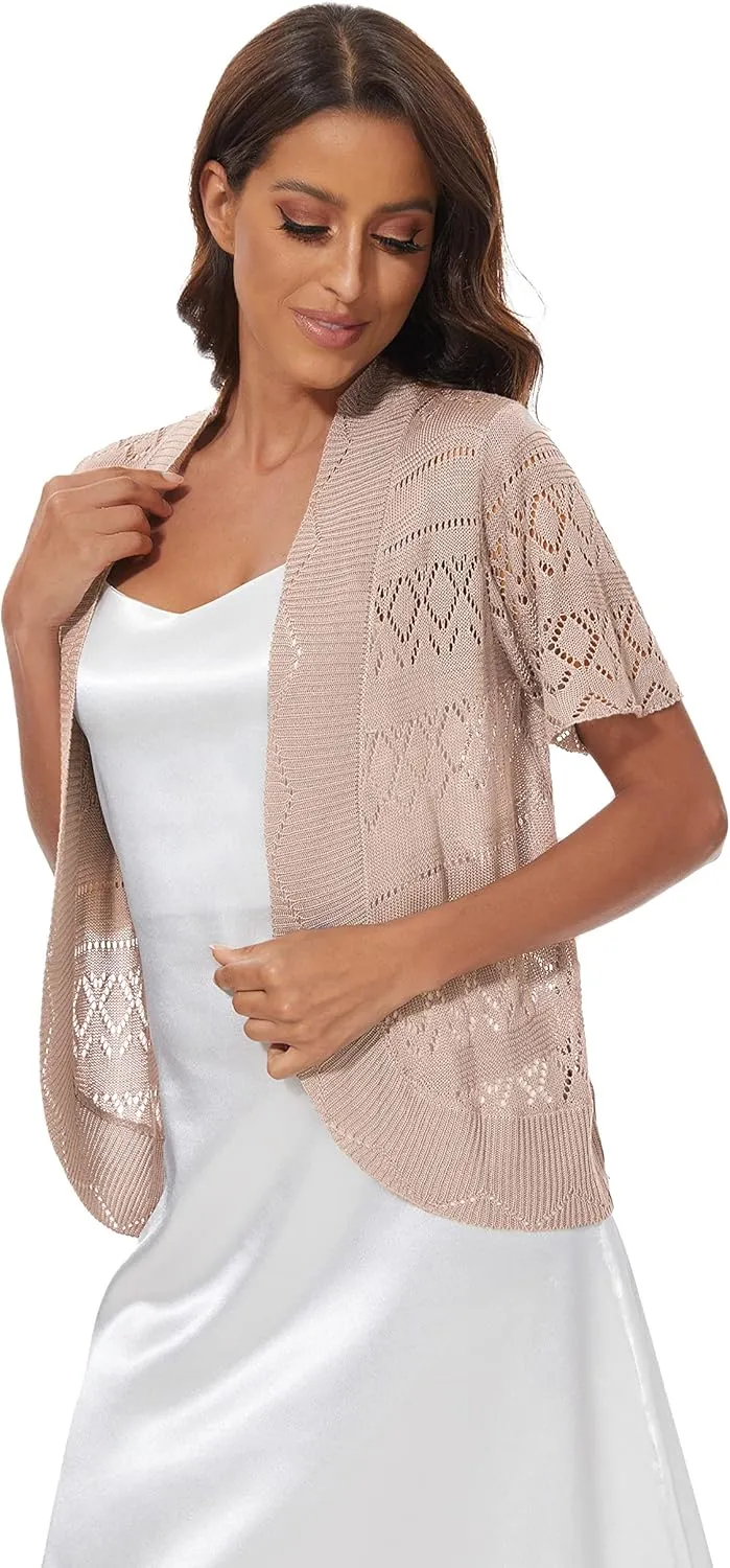 Women's Elegant Short Sleeve Shrug Lightweight Soft Hollow Out Knit Open Front Cardigan