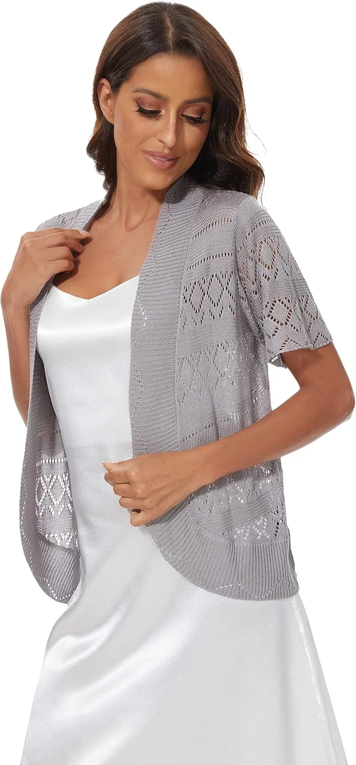 Women's Elegant Short Sleeve Shrug Lightweight Soft Hollow Out Knit Open Front Cardigan