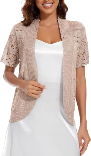Women's Elegant Short Sleeve Shrug Lightweight Soft Hollow Out Knit Open Front Cardigan