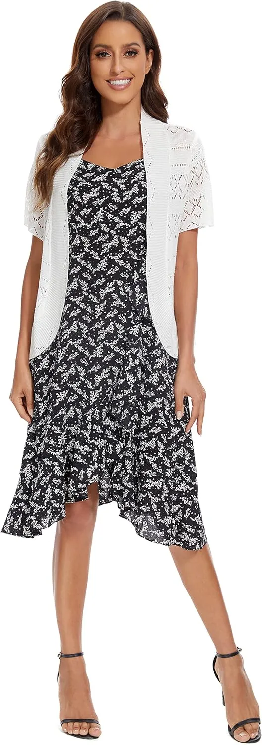 Women's Elegant Short Sleeve Shrug Lightweight Soft Hollow Out Knit Open Front Cardigan