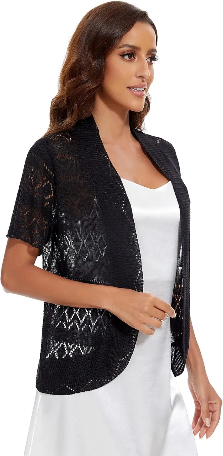 Women's Elegant Short Sleeve Shrug Lightweight Soft Hollow Out Knit Open Front Cardigan