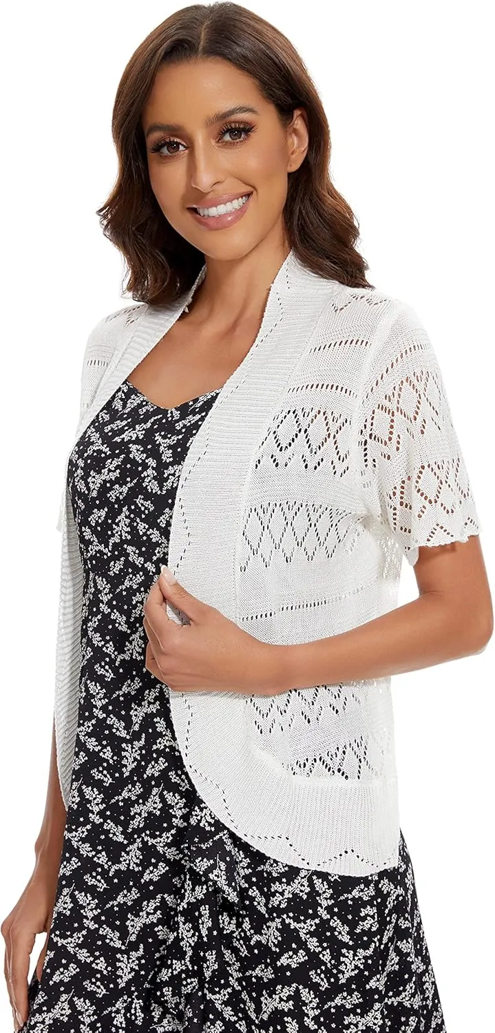 Women's Elegant Short Sleeve Shrug Lightweight Soft Hollow Out Knit Open Front Cardigan
