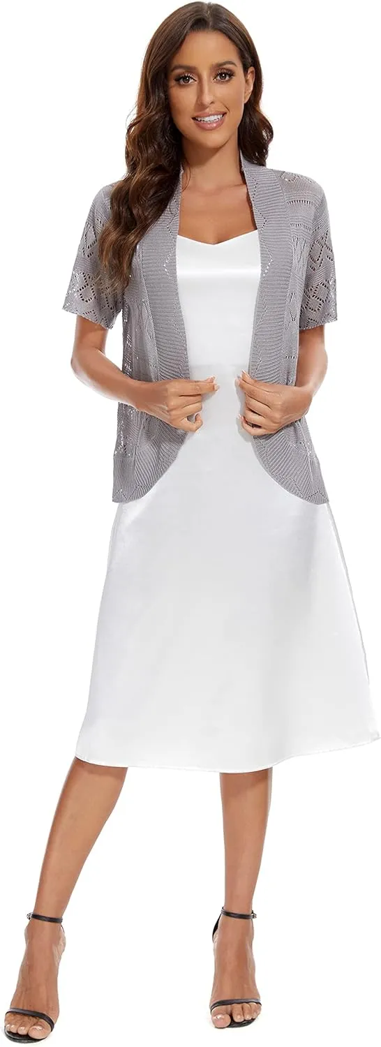 Women's Elegant Short Sleeve Shrug Lightweight Soft Hollow Out Knit Open Front Cardigan