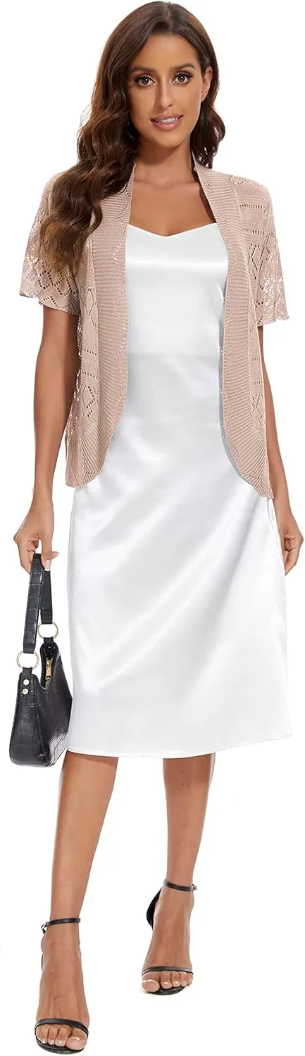 Women's Elegant Short Sleeve Shrug Lightweight Soft Hollow Out Knit Open Front Cardigan
