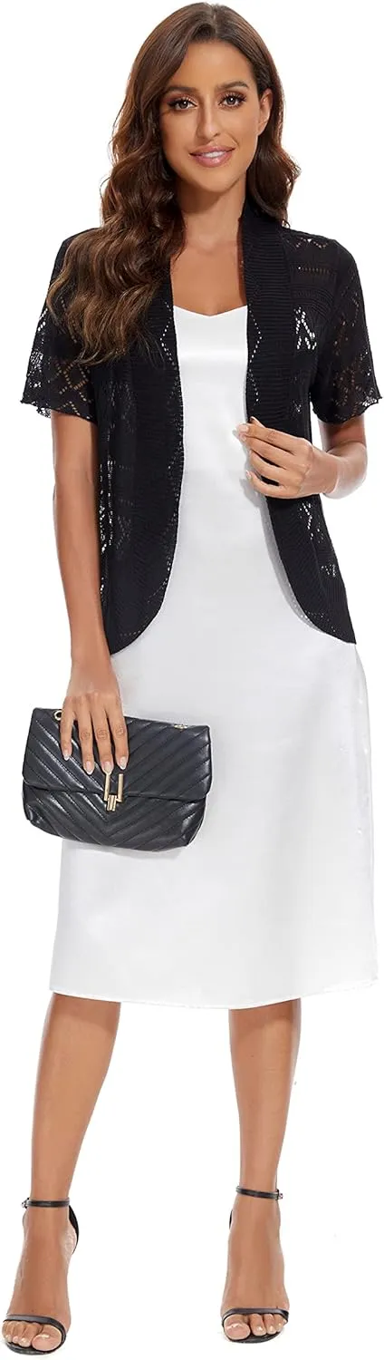 Women's Elegant Short Sleeve Shrug Lightweight Soft Hollow Out Knit Open Front Cardigan