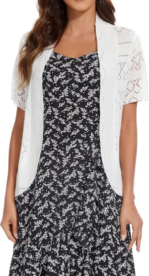 Women's Elegant Short Sleeve Shrug Lightweight Soft Hollow Out Knit Open Front Cardigan