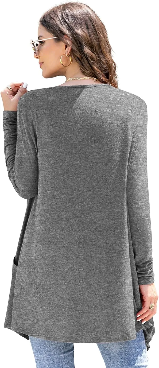 Women's Lightweight Cardigan Casual Soft Long Sleeve Floral Knit Cardigans with Pockets High Low Hem Draped Duster