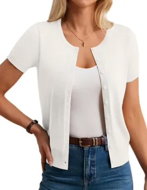Womens Short Sleeve Cardigan Crew Neck Basic Casual Button Down Knit Soft Sweater