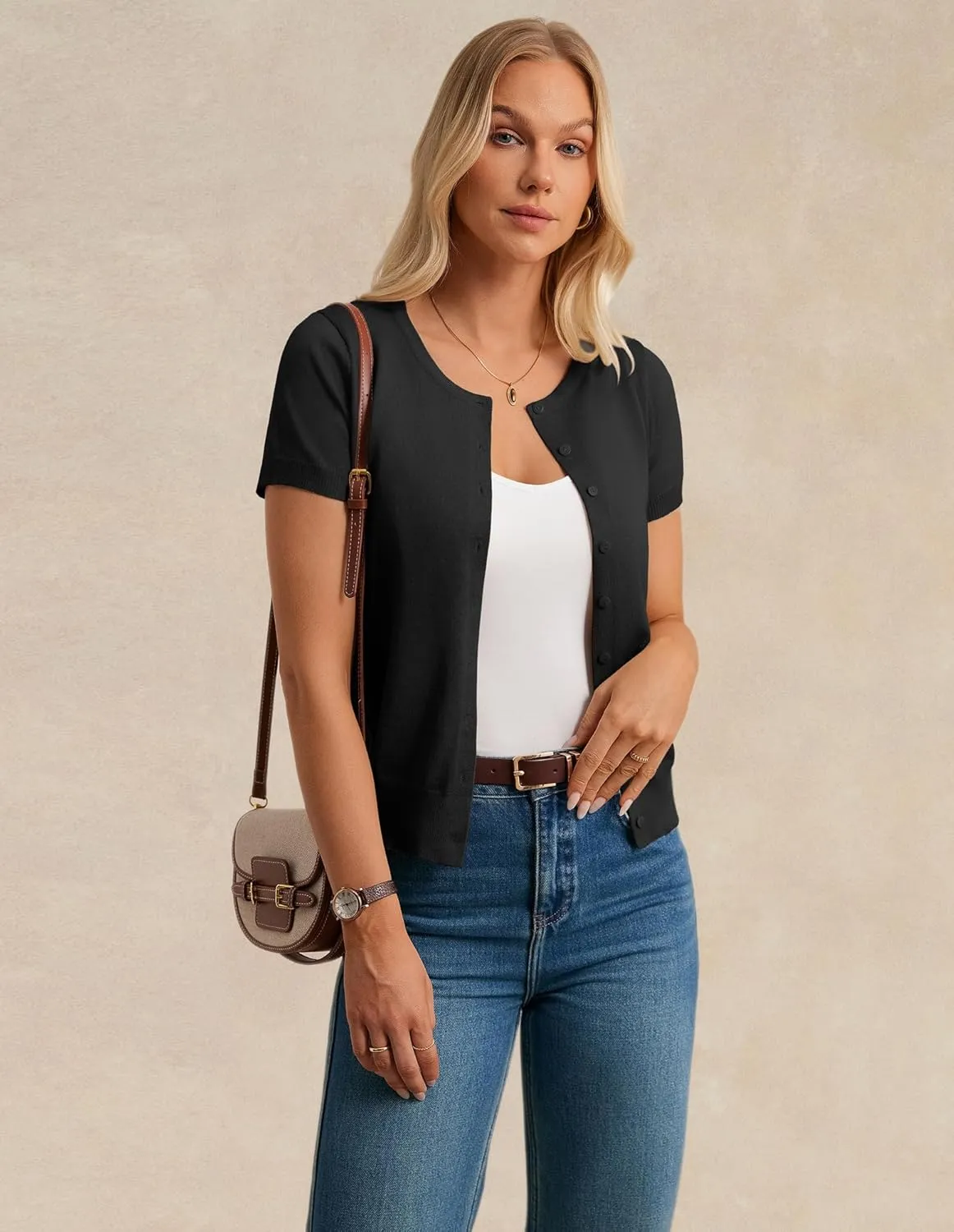 Womens Short Sleeve Cardigan Crew Neck Basic Casual Button Down Knit Soft Sweater