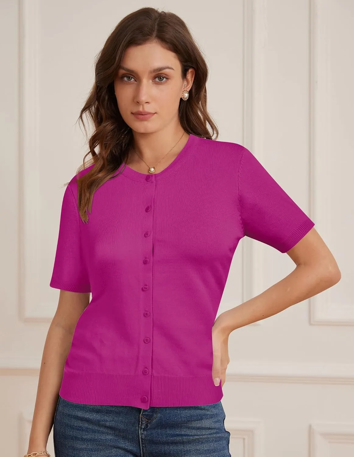 Womens Short Sleeve Cardigan Crew Neck Basic Casual Button Down Knit Soft Sweater