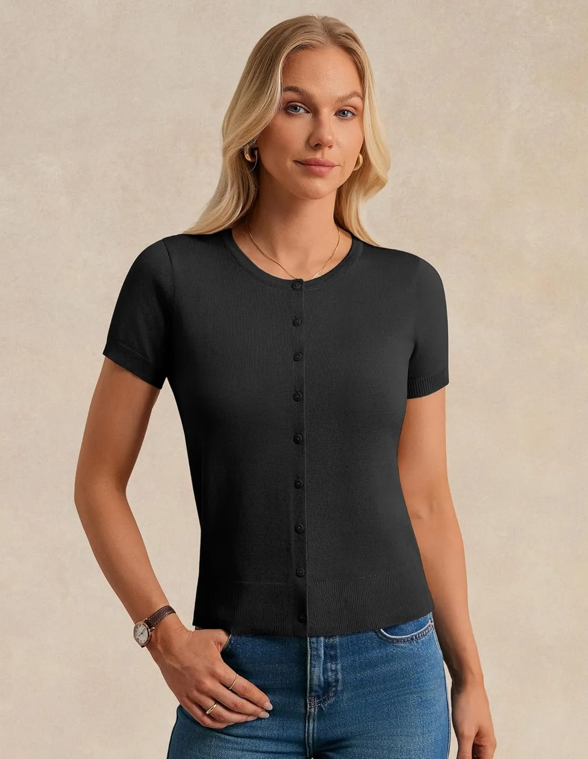 Womens Short Sleeve Cardigan Crew Neck Basic Casual Button Down Knit Soft Sweater