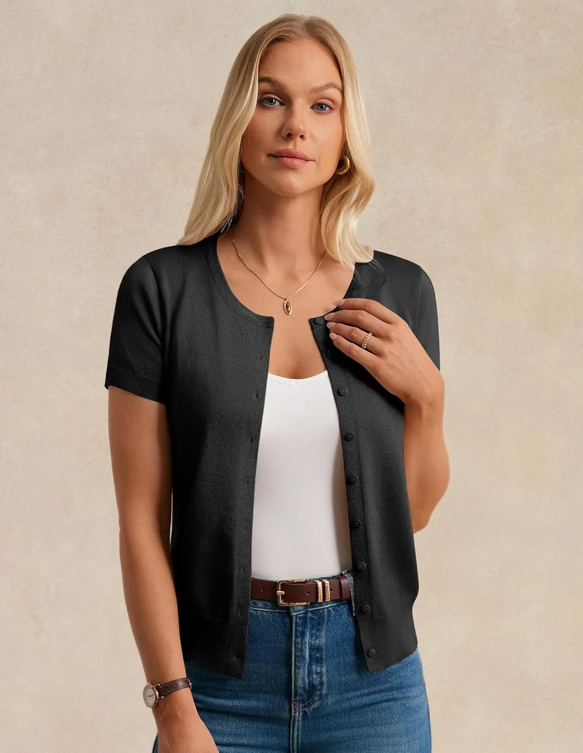 Womens Short Sleeve Cardigan Crew Neck Basic Casual Button Down Knit Soft Sweater