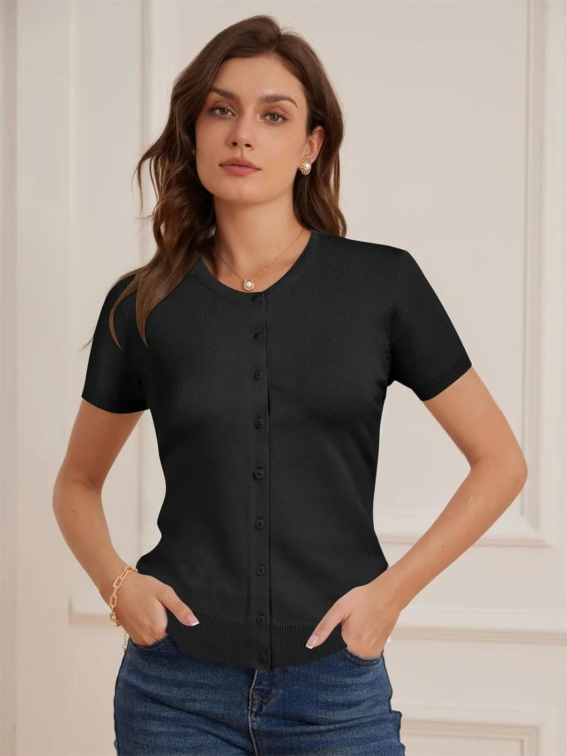 Womens Short Sleeve Cardigan Crew Neck Basic Casual Button Down Knit Soft Sweater