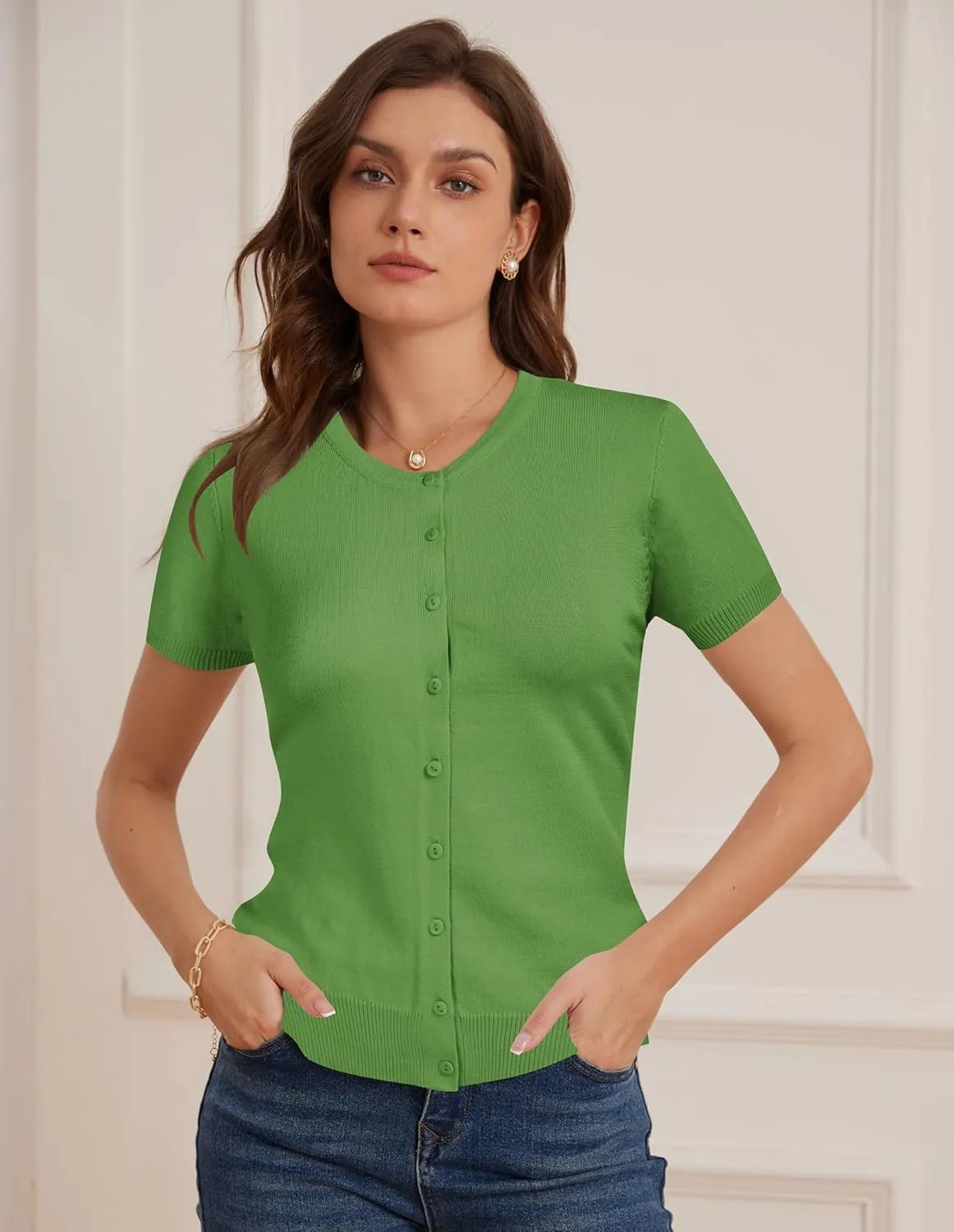 Womens Short Sleeve Cardigan Crew Neck Basic Casual Button Down Knit Soft Sweater