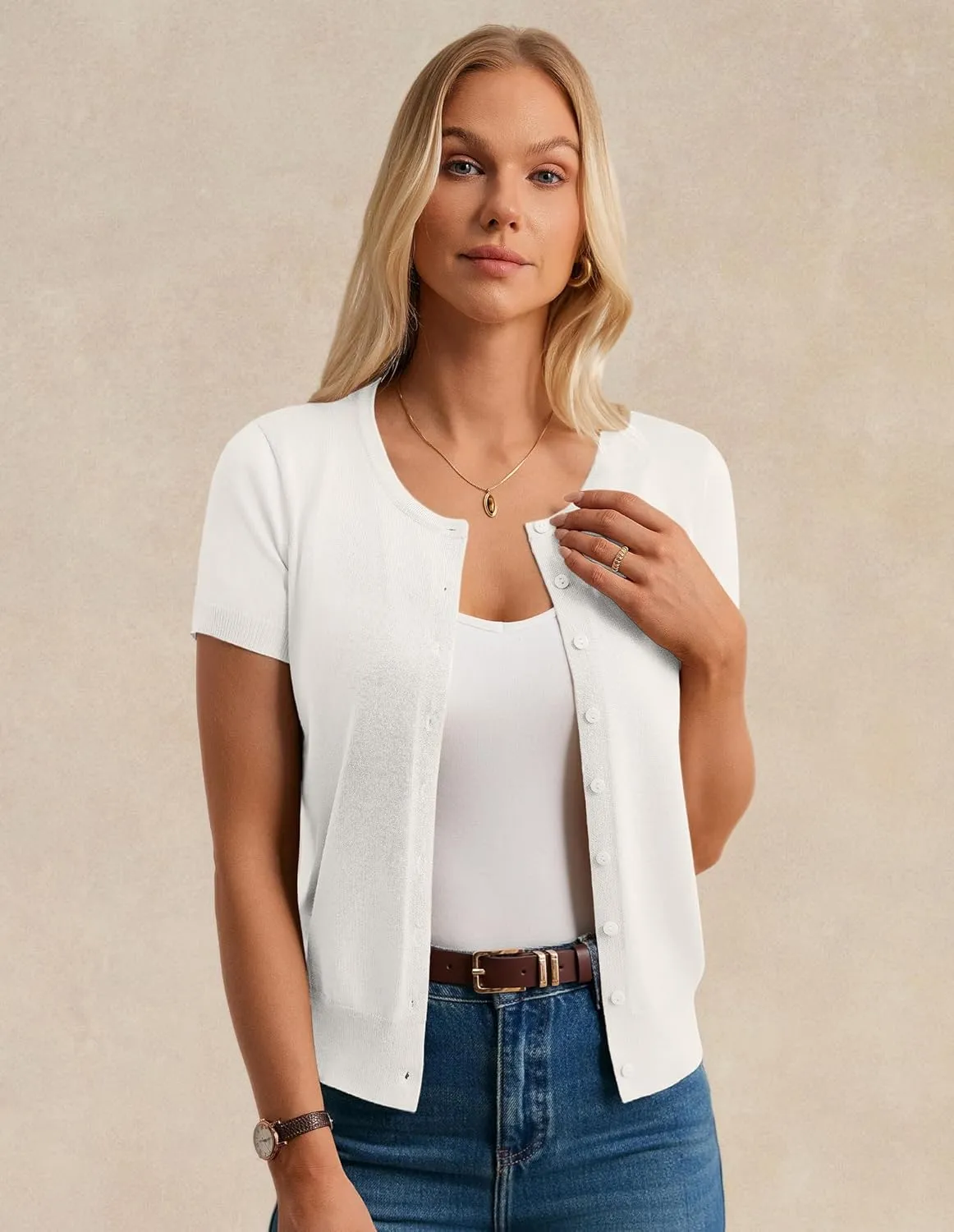 Womens Short Sleeve Cardigan Crew Neck Basic Casual Button Down Knit Soft Sweater