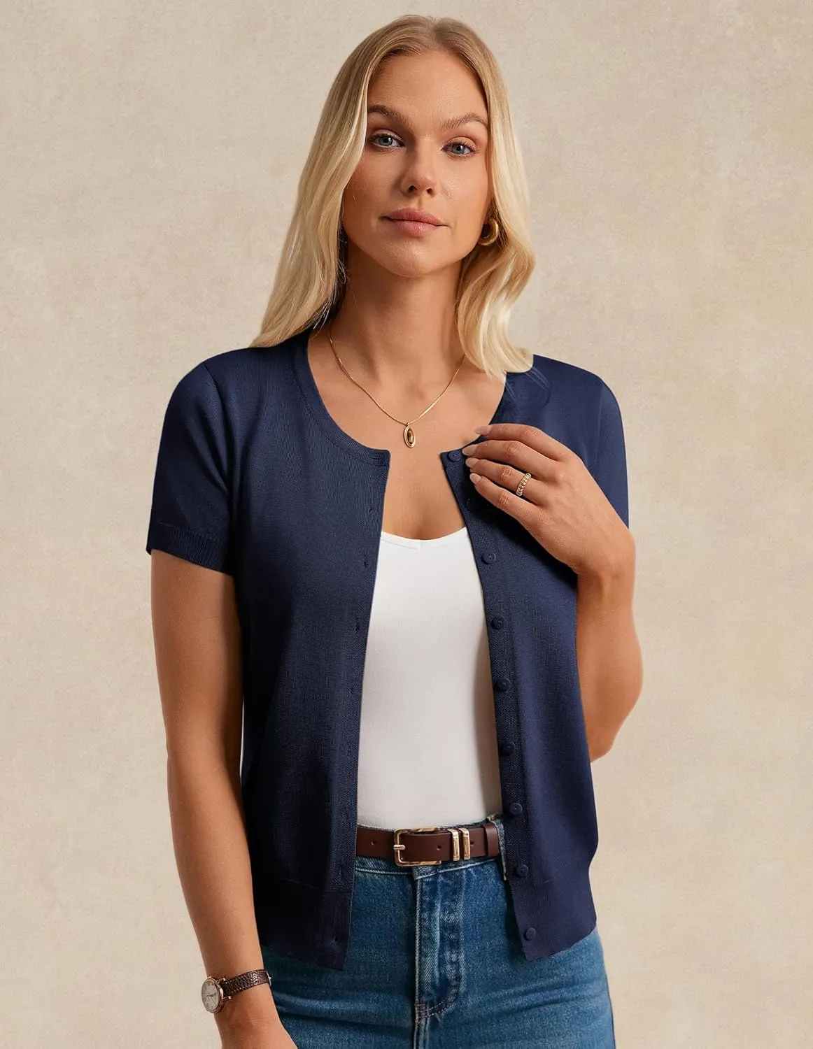 Womens Short Sleeve Cardigan Crew Neck Basic Casual Button Down Knit Soft Sweater