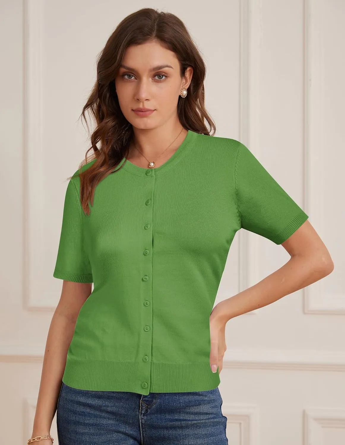 Womens Short Sleeve Cardigan Crew Neck Basic Casual Button Down Knit Soft Sweater