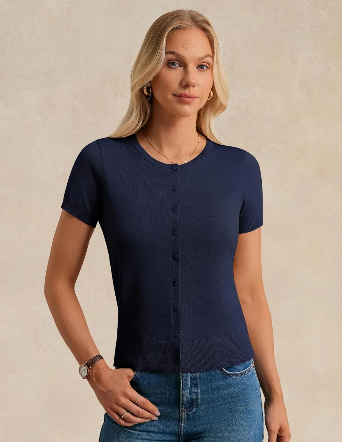 Womens Short Sleeve Cardigan Crew Neck Basic Casual Button Down Knit Soft Sweater