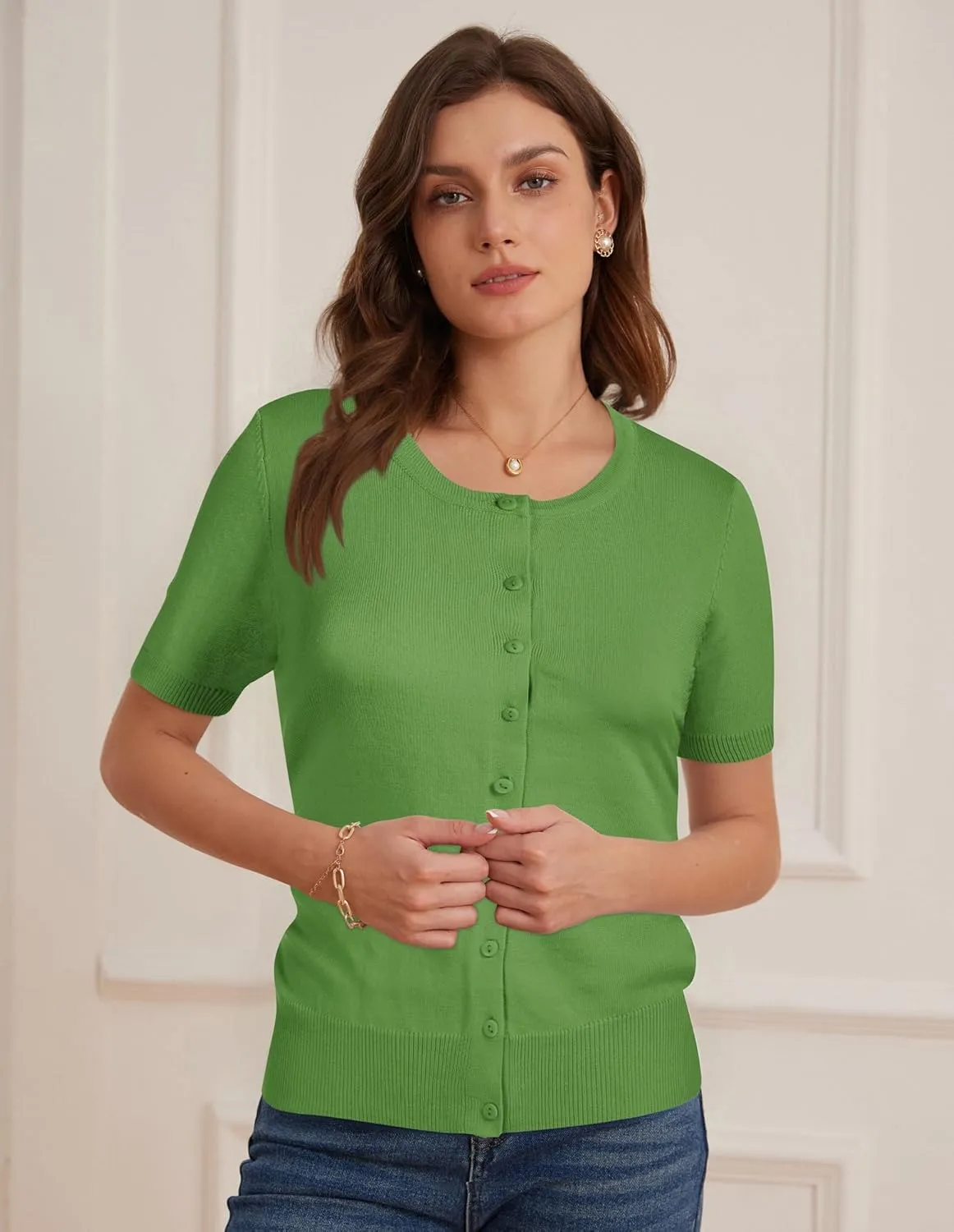Womens Short Sleeve Cardigan Crew Neck Basic Casual Button Down Knit Soft Sweater
