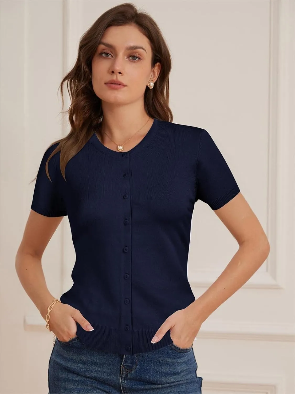 Womens Short Sleeve Cardigan Crew Neck Basic Casual Button Down Knit Soft Sweater