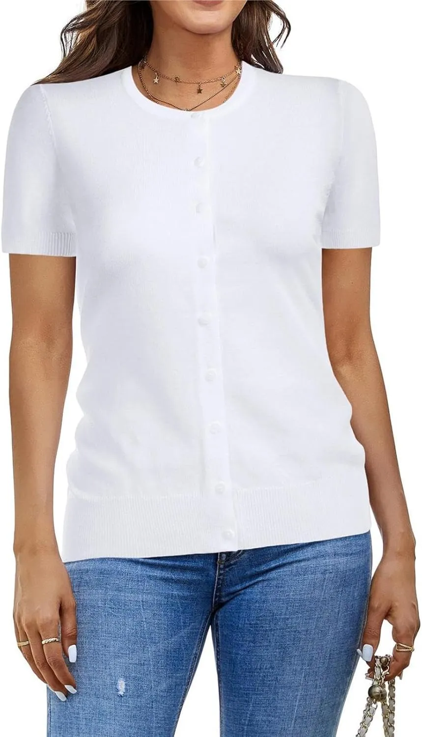 Womens Short Sleeve Cardigan Crew Neck Basic Casual Button Down Knit Soft Sweater