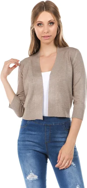 Women's Soft Solid Open Front 3/4 Sleeve Sweater Cardigan