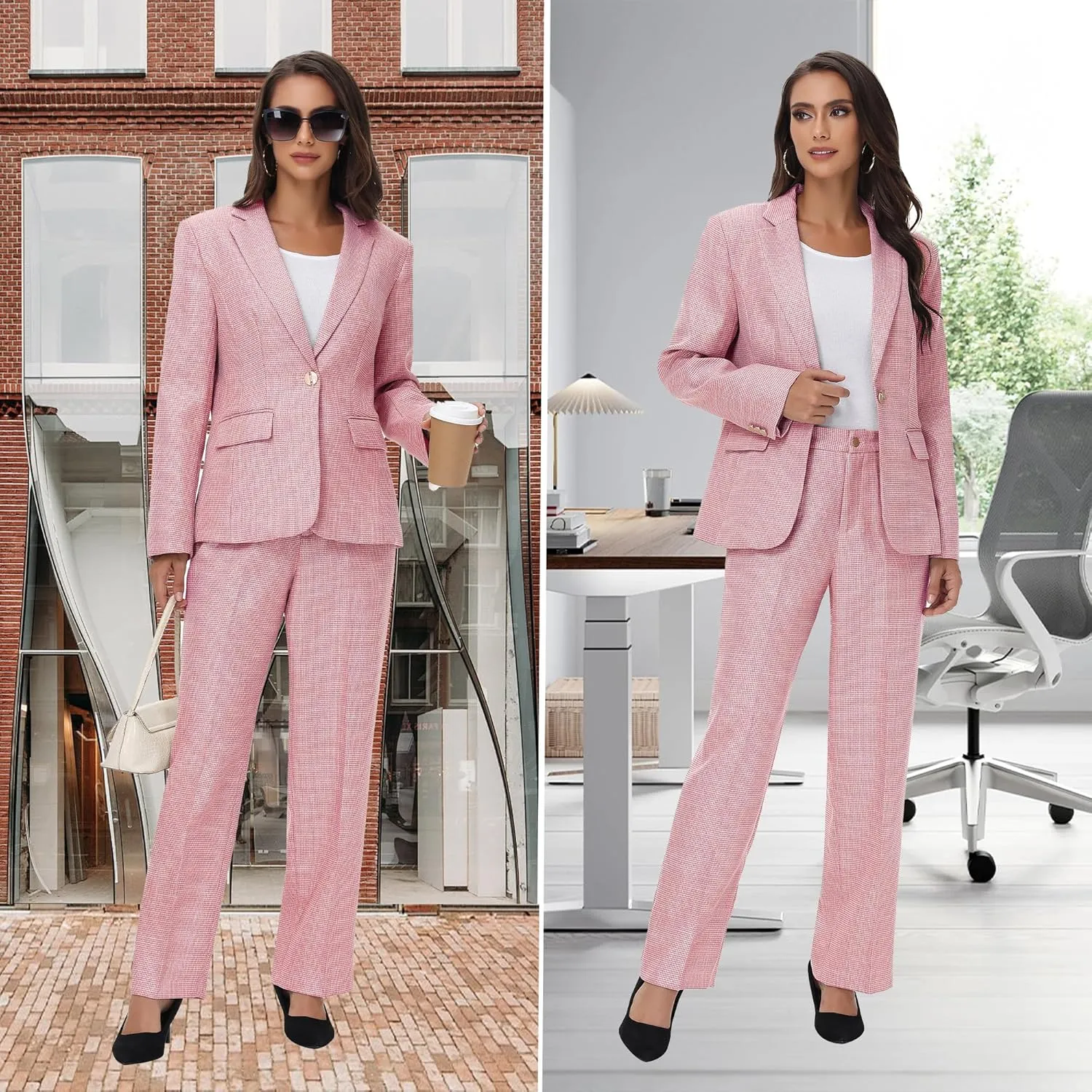 Women's Suit 2 Piece Set Business Pants Suit for Women Pinstripe Houndstooth Blazer